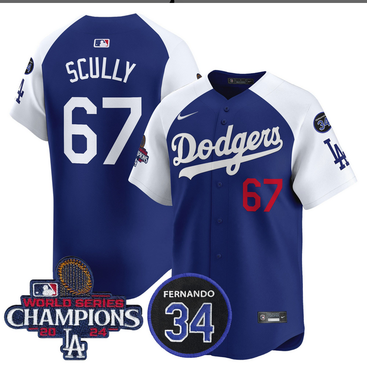 Men MLB Los Angeles Dodgers #67 Scully blue 2024 World Series Champions Patch Limited Jersey->los angeles dodgers->MLB Jersey